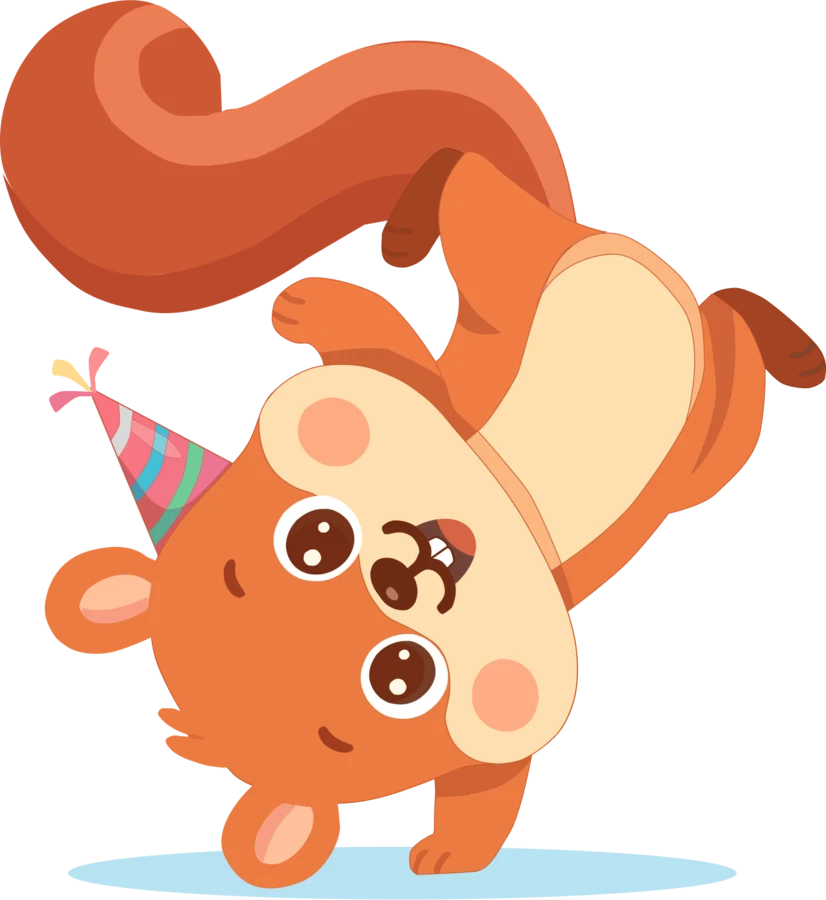 Picky the squirrel doing a handstand in a party hat