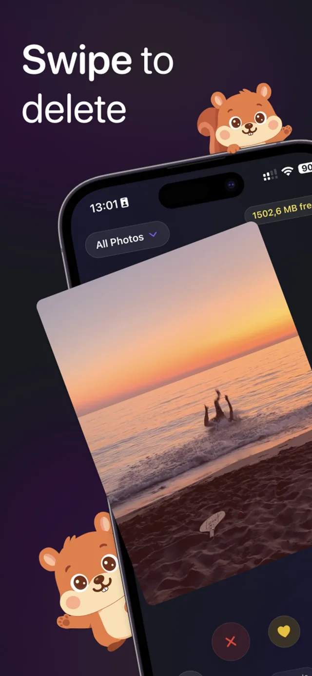 Swipe to delete: Picky's swipe screen with the squirrel peeking over the phone