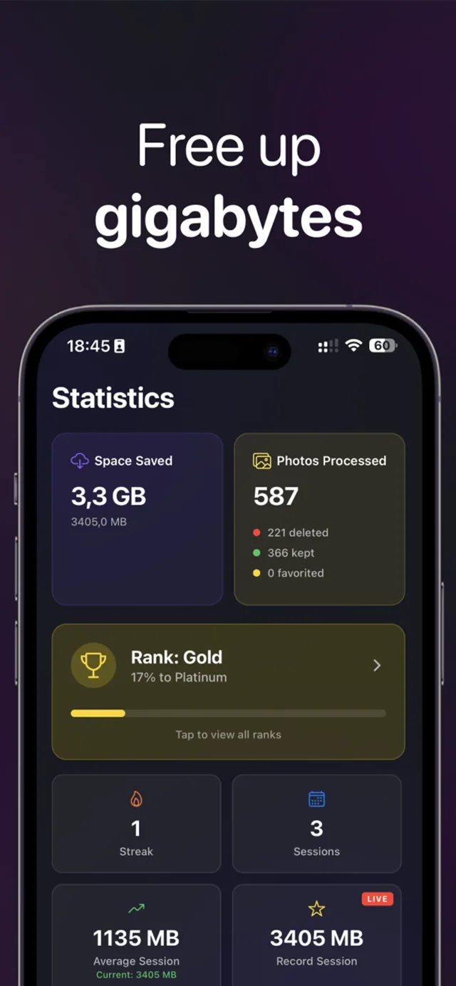 Free up gigabytes: statistics showing 3.3 GB saved and a Gold rank