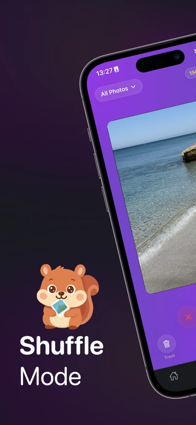 Shuffle mode: the purple shuffle screen with the squirrel holding a photo